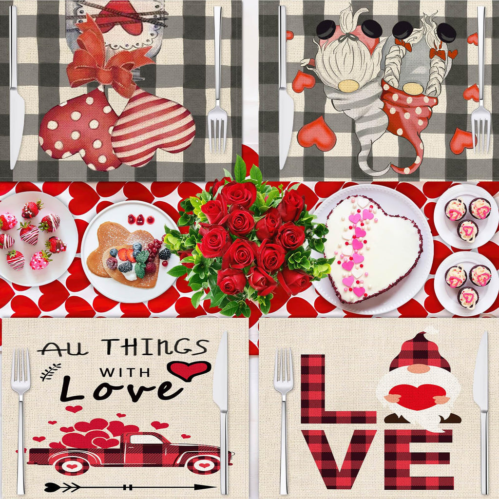 Valentine's Day Gnome Placemats Set of 4 - Heart Pattern Table Mats for Romantic Dinners