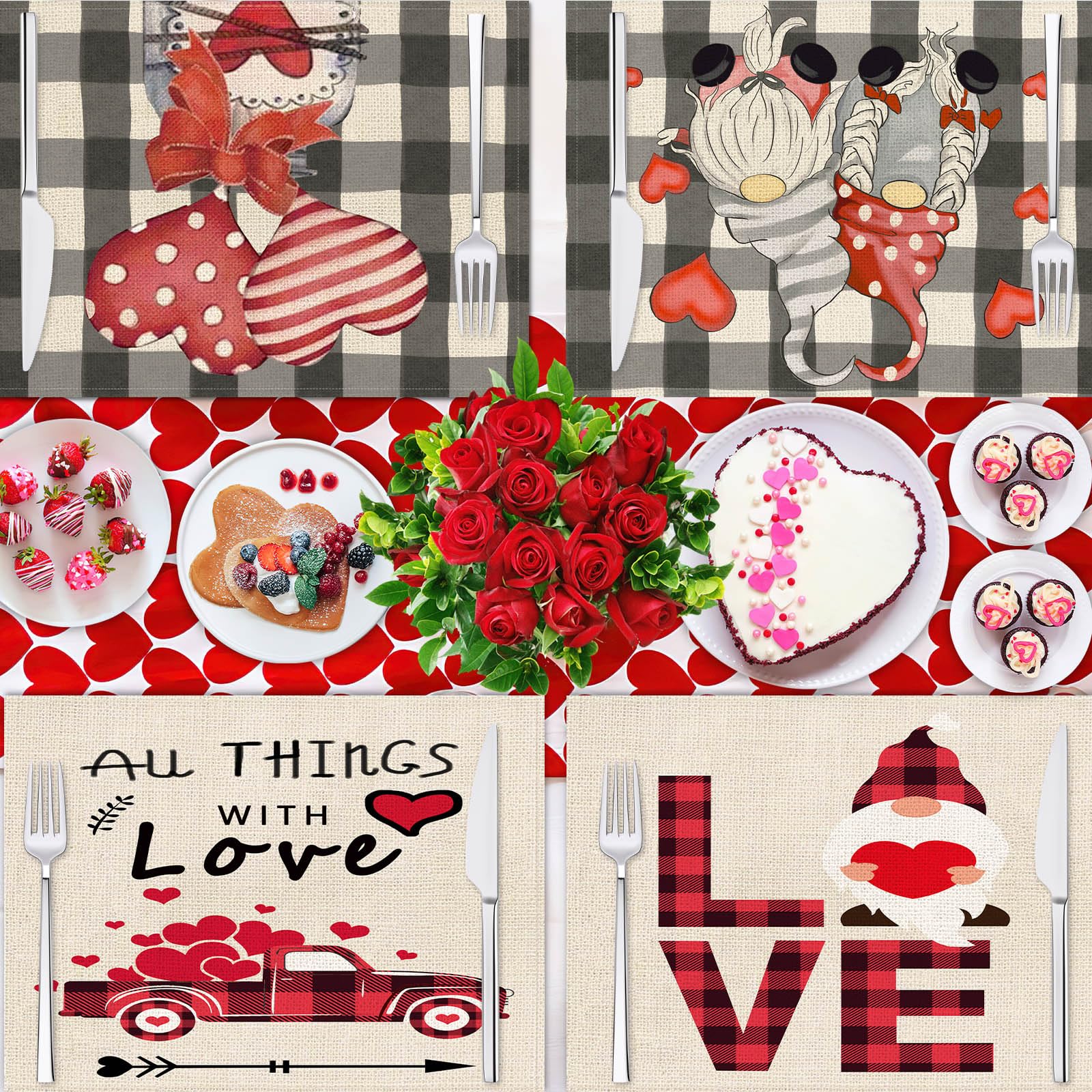 Valentine's Day Gnome Placemats Set of 4 - Heart Pattern Table Mats for Romantic Dinners