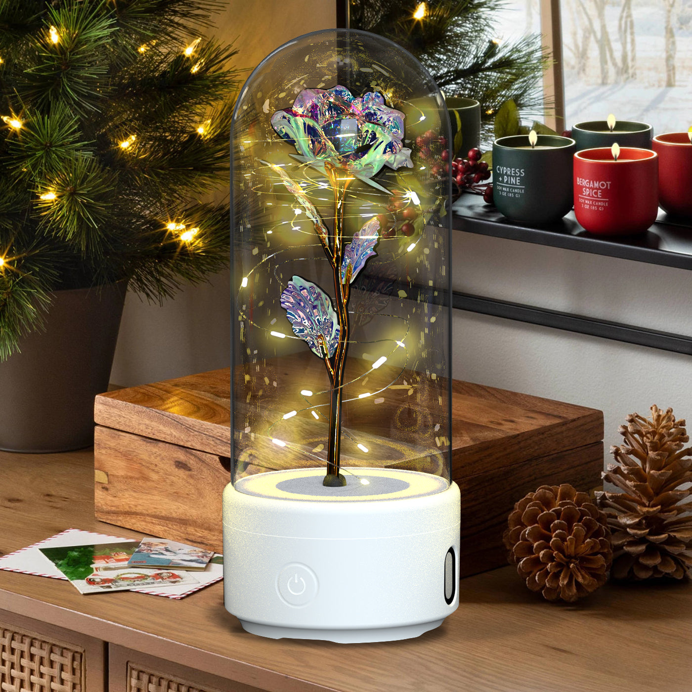 Enchanted Rose LED Light with Bluetooth Speaker - Romantic Glass Dome Night Light for Valentine's Day & Home Decor