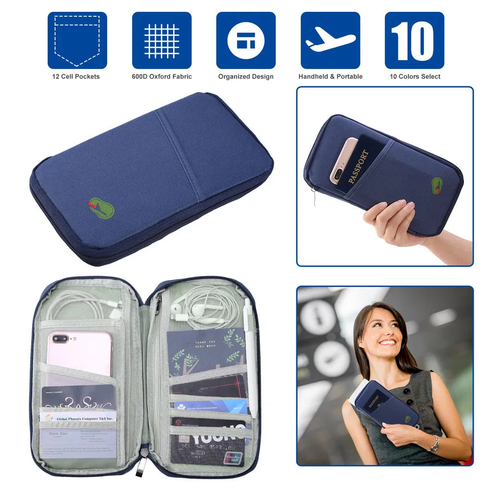 Travel Passport Holder Wallet - RFID Blocking Organizer with 12 Card Slots for Documents, Tickets & Phone