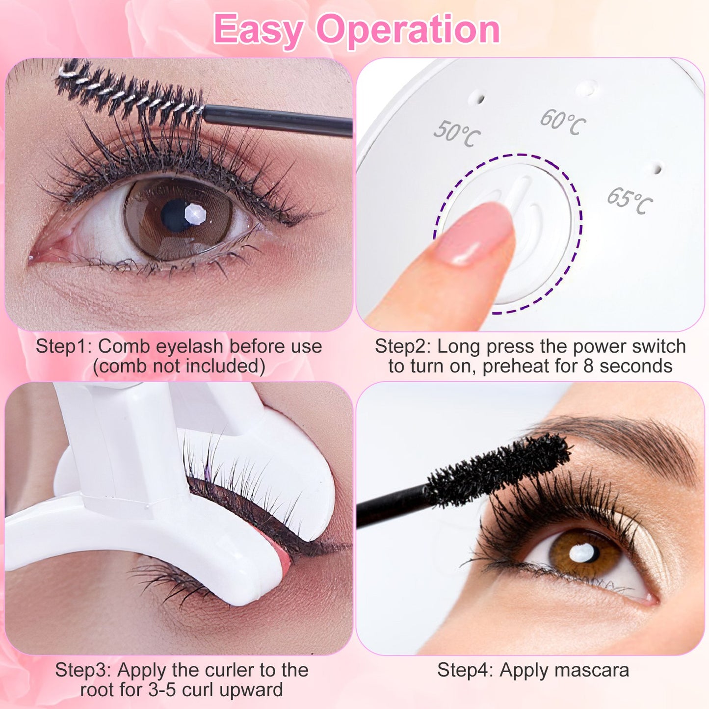 Heated Eyelash Curler - USB Rechargeable Electric Lash Curler with 3 Heat Settings