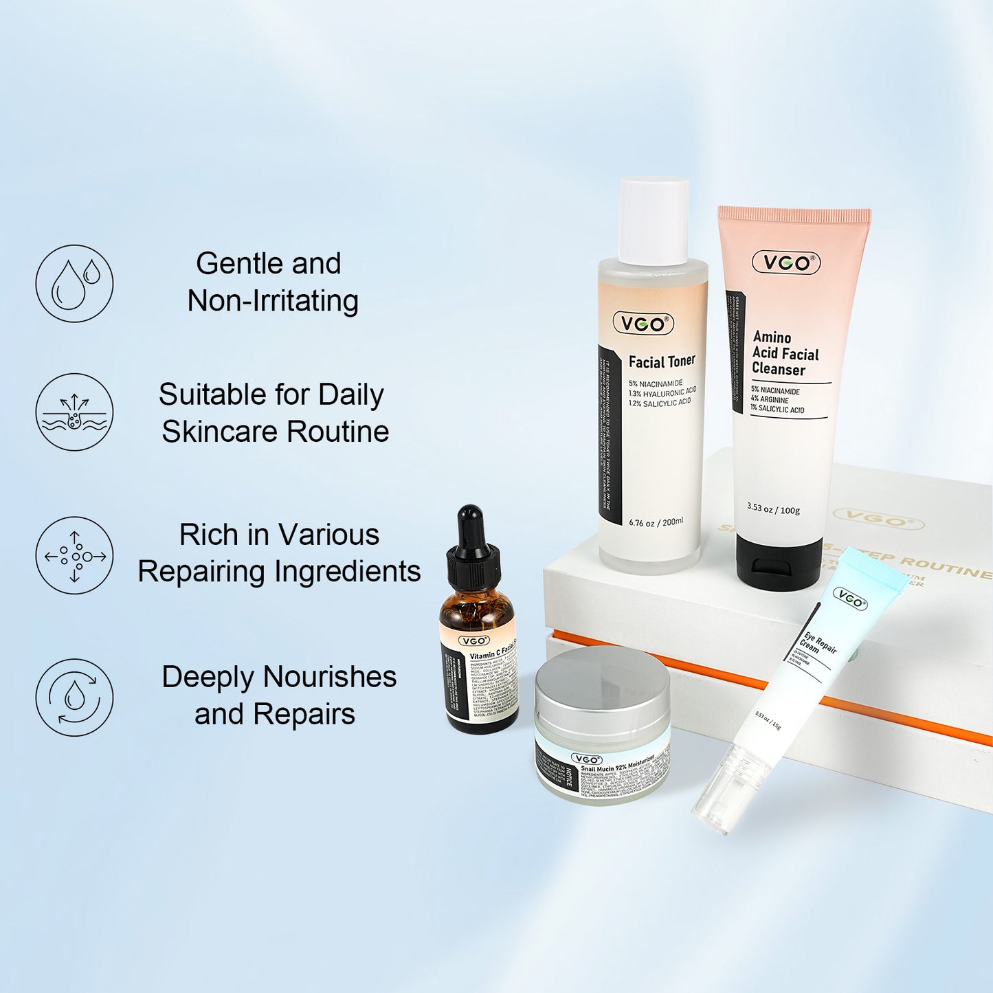 5-Step Anti-Aging Skincare Set | Vitamin C Brightening & Snail Mucin Repair System