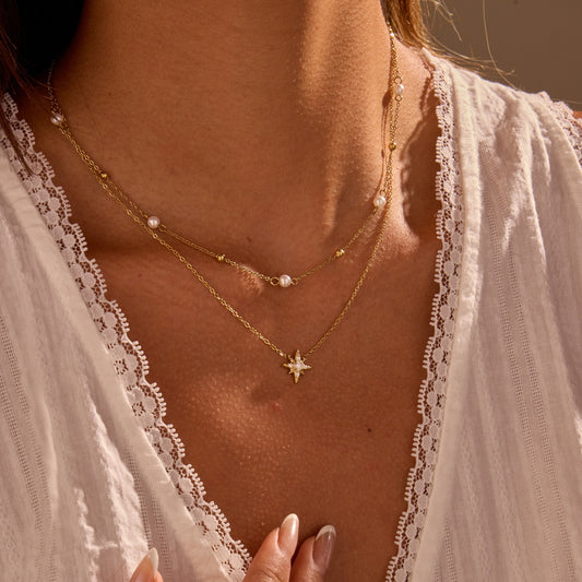 18K Gold Plated Layered Star Necklace with Pearl & Crystal Accents for Women