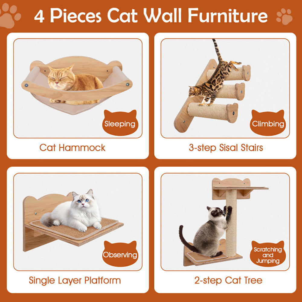 4-Piece Wall-Mounted Cat Tree with Hammock - Space-Saving Climbing Furniture for Indoor Cats