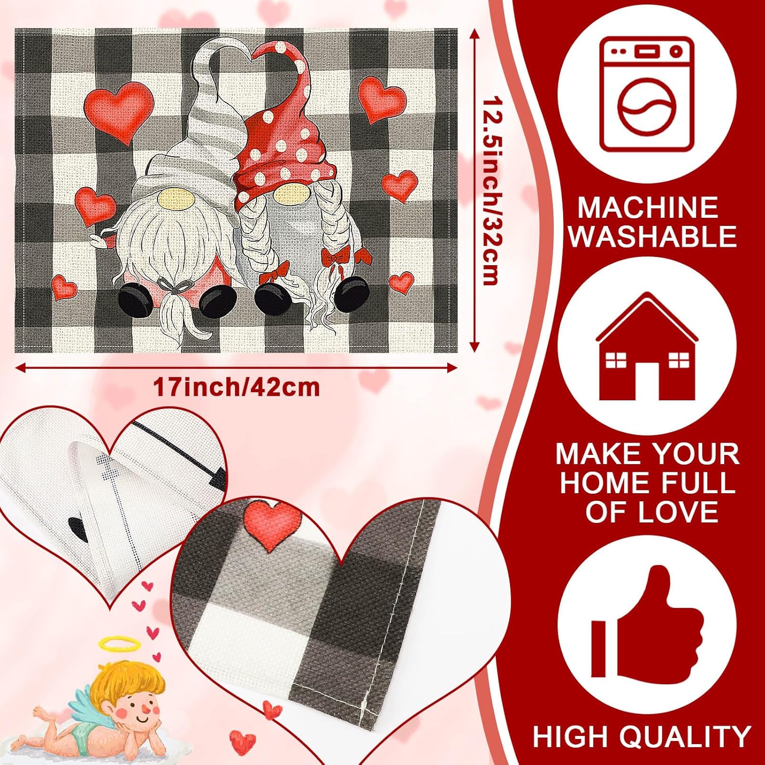 Valentine's Day Placemats Set of 4 - Gnome Heart Design Table Mats 17x12.5 Inch