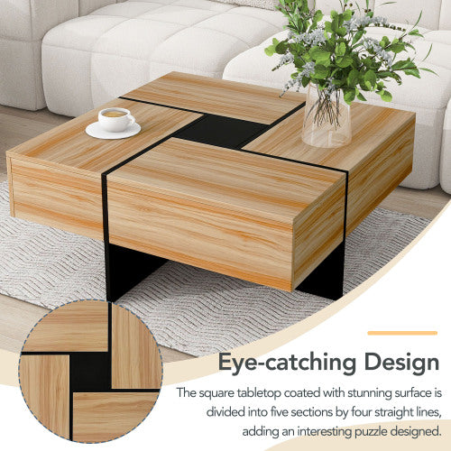 Square Coffee Table with Hidden Storage - 31.5" Extendable Sliding Top, High-Gloss Brown Finish