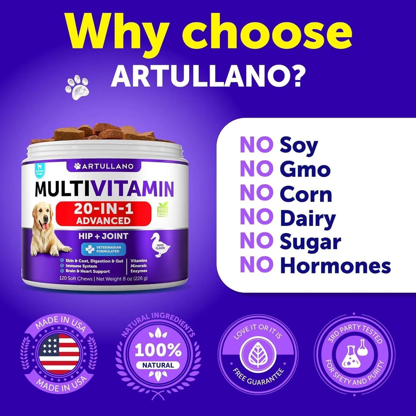 Dog Multivitamin 20-in-1 with Glucosamine - Hip & Joint Support, Probiotics, Omega-3 - 120 Chews