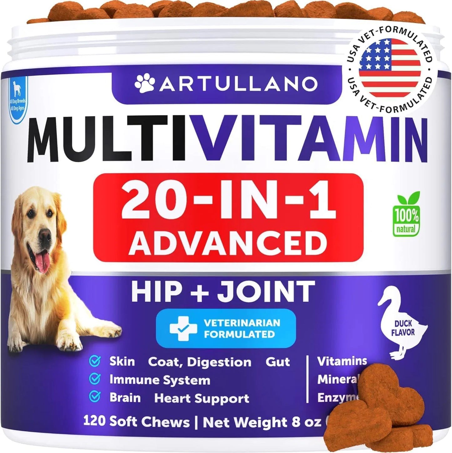 Dog Multivitamin 20-in-1 with Glucosamine - Hip & Joint Support, Probiotics, Omega-3 - 120 Chews