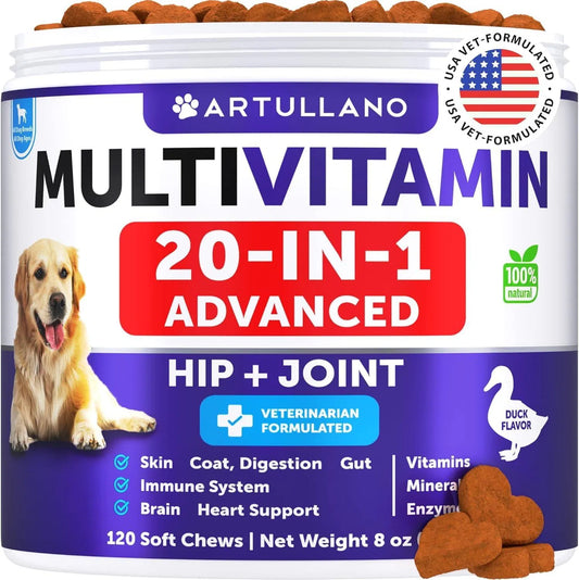 Dog Multivitamin 20-in-1 with Glucosamine - Hip & Joint Support, Probiotics, Omega-3 - 120 Chews