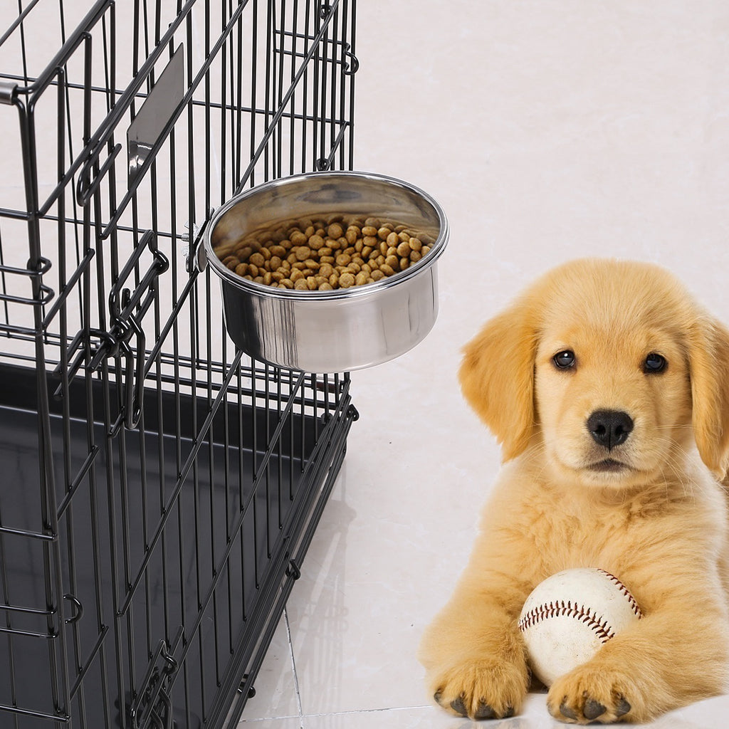 Stainless Steel Hanging Dog Bowl with Clamp - No-Spill Detachable Pet Feeder for Crates & Cages
