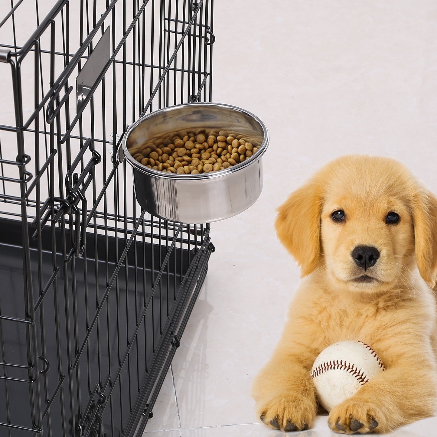 Stainless Steel Hanging Dog Bowl with Clamp - No-Spill Detachable Pet Feeder for Crates & Cages