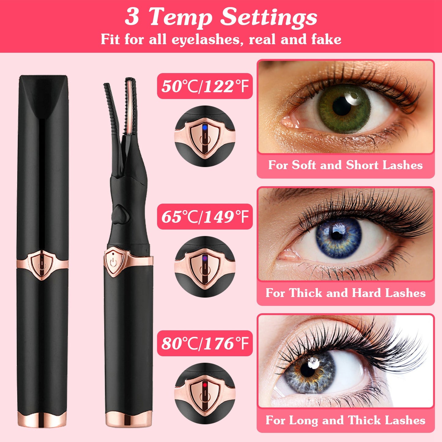 Heated Eyelash Curler – USB Rechargeable Electric Lash Curler | 3 Temperature Settings