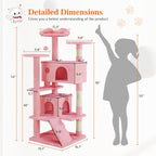 54" Multi-Level Cat Tree Tower | Sisal Scratching Posts, 2 Condos, Hanging Toy – Light Grey & Pink