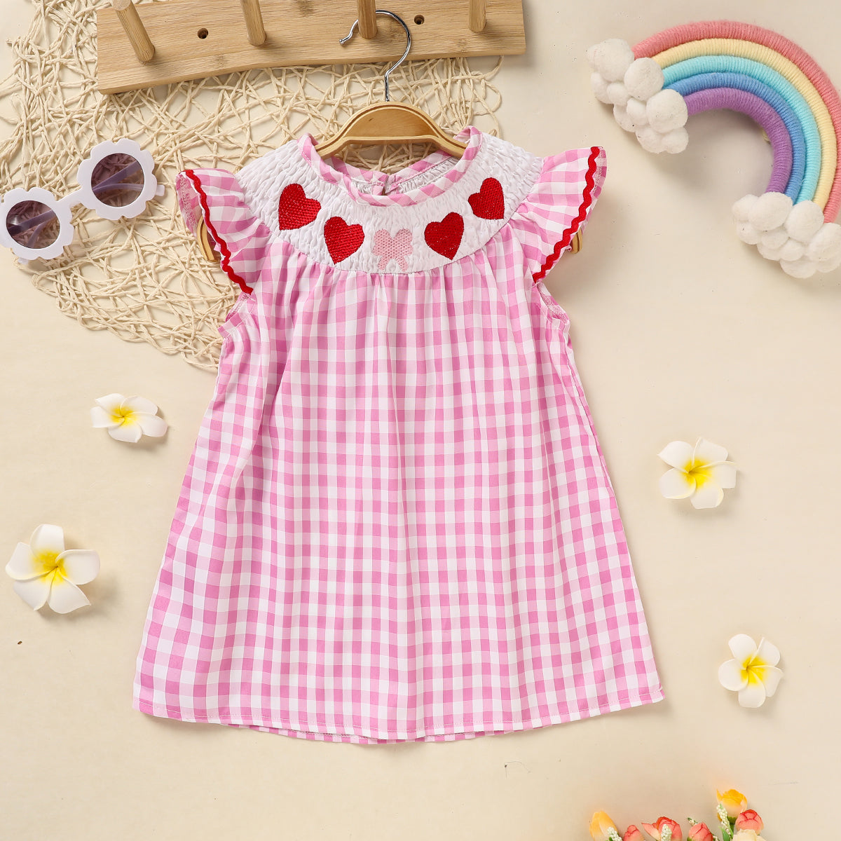 Baby Girl Valentine's Day Smocked Dress – Pink Plaid Heart Embroidery