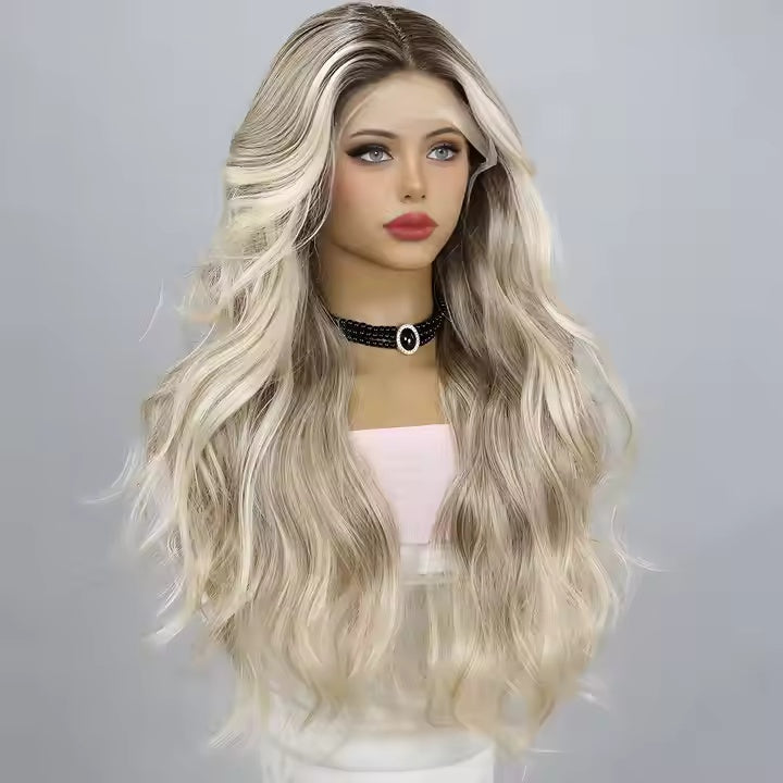 T-Part Lace Front Wig | Wavy Curly Golden Gradient | Heat Resistant Synthetic Fiber | 28 Inches