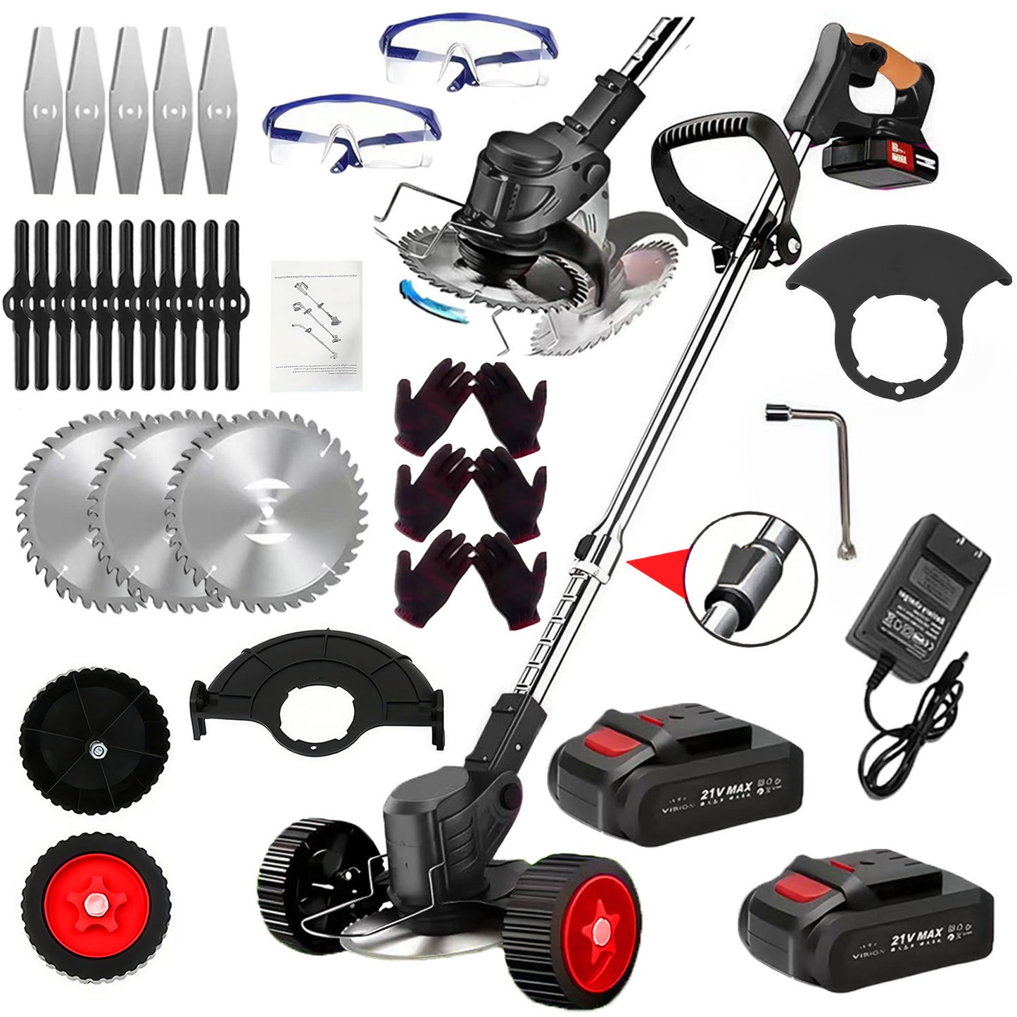 21V Cordless Weed Eater with Wheels - 3-in-1 Electric String Trimmer, Edger & Lawn Mower