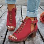 Women's Buckle Block Heel Sandals – Mid Heel PU Leather