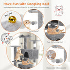 54" Multi-Level Cat Tree Tower | Sisal Scratching Posts, 2 Condos, Hanging Toy – Light Grey & Pink