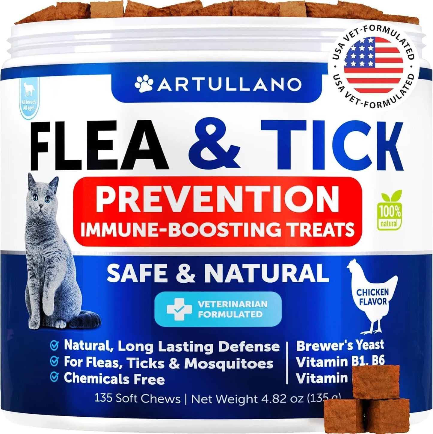 Natural Flea & Tick Prevention for Cats – 135 Soft Chews with Vitamins B1, B6 & B12