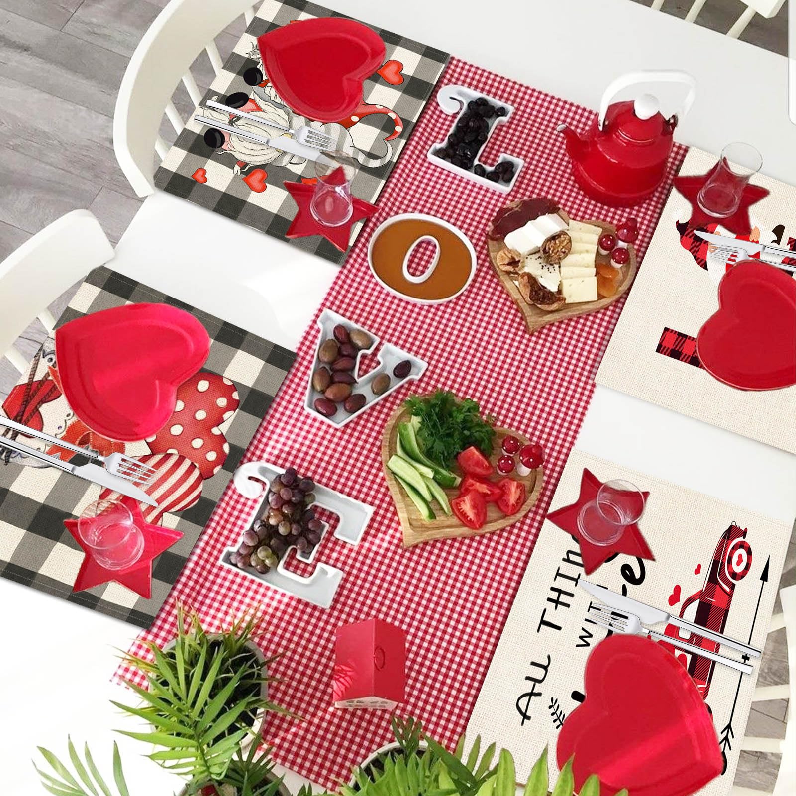 Valentine's Day Gnome Placemats Set of 4 - Heart Pattern Table Mats for Romantic Dinners