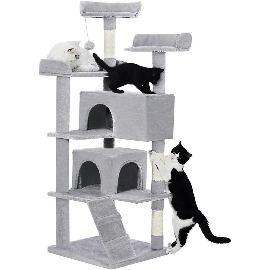 56" Multi-Level Cat Tree Tower with Scratching Posts, Cozy Condos & Hanging Toys – Light Gray