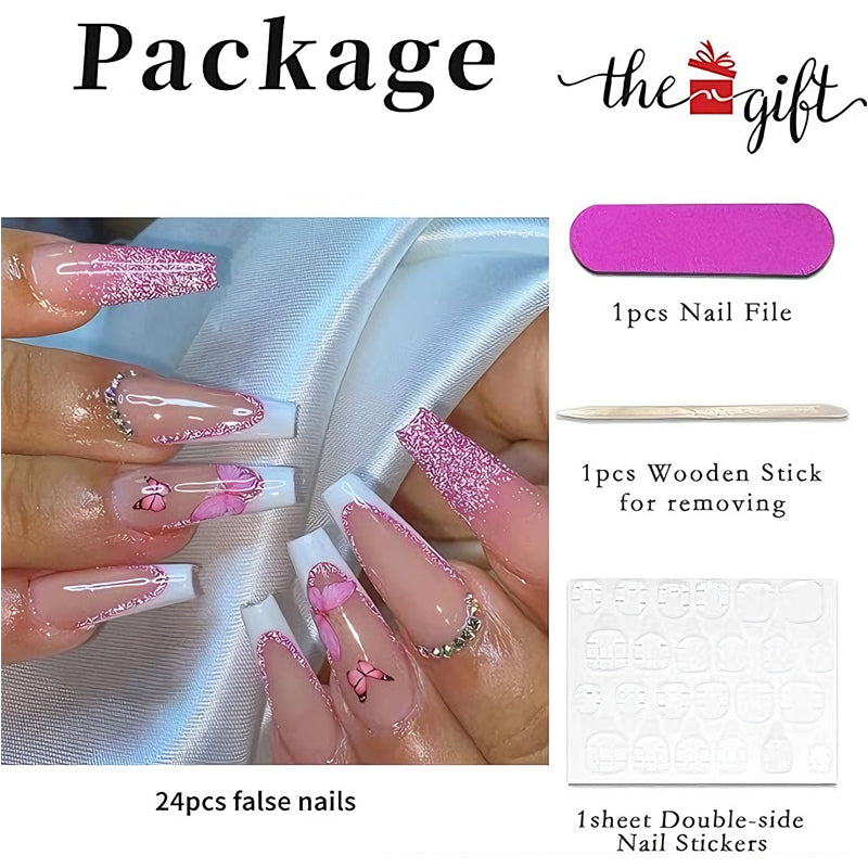 Glitter Butterfly Press On Nails – 24 Piece Long Square False Nails