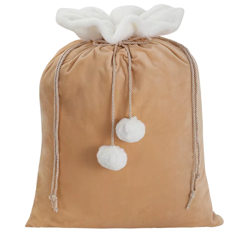 Plush Christmas Santa Sack Cord Drawstring with Pom Pom for Kids Luxury Xmas Gift Bag Merry Christmas