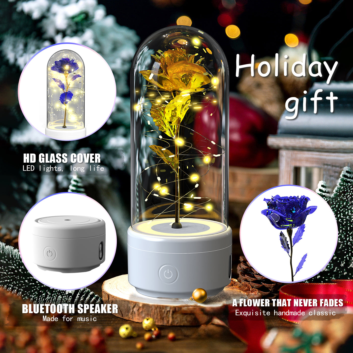 Enchanted Rose LED Light with Bluetooth Speaker - Romantic Glass Dome Night Light for Valentine's Day & Home Decor
