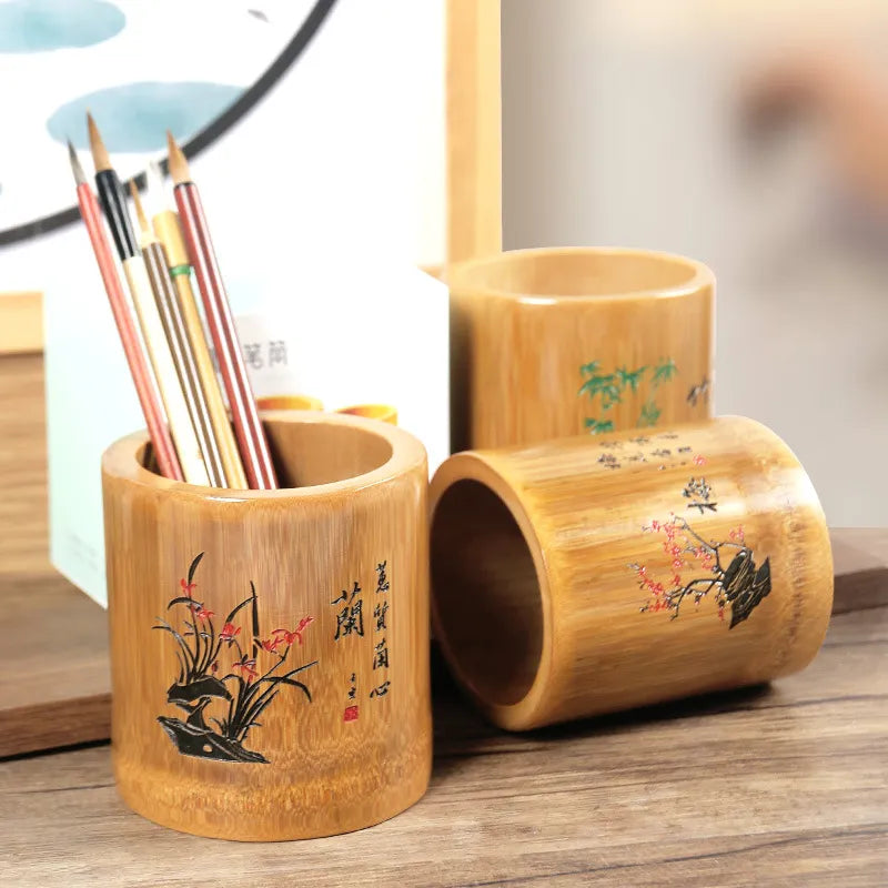 Bamboo Round Pen Holder – Decorative Desktop Organiser | 4 Designs
