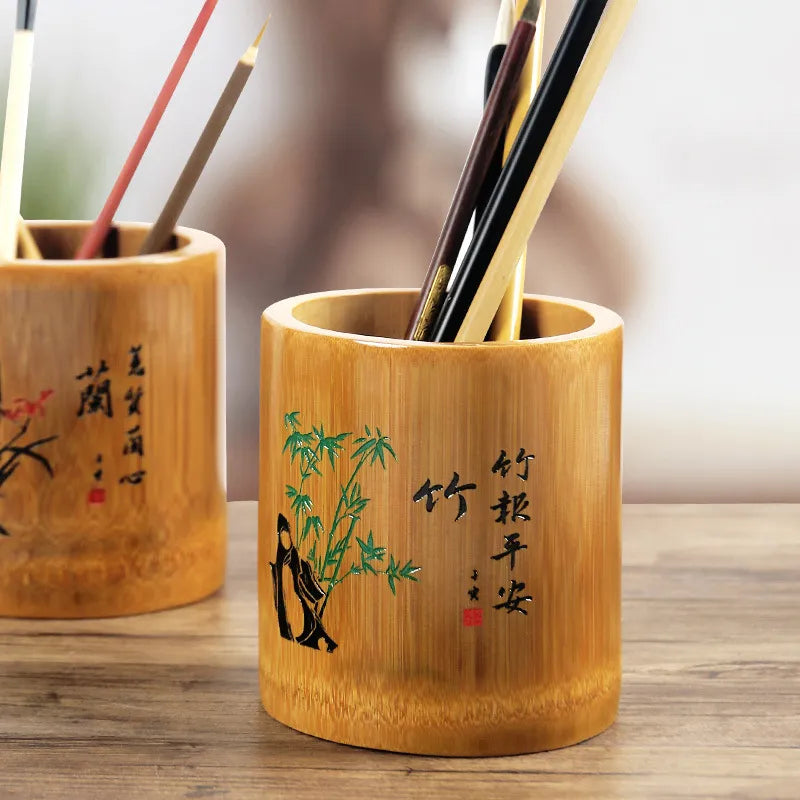 Bamboo Round Pen Holder – Decorative Desktop Organiser | 4 Designs