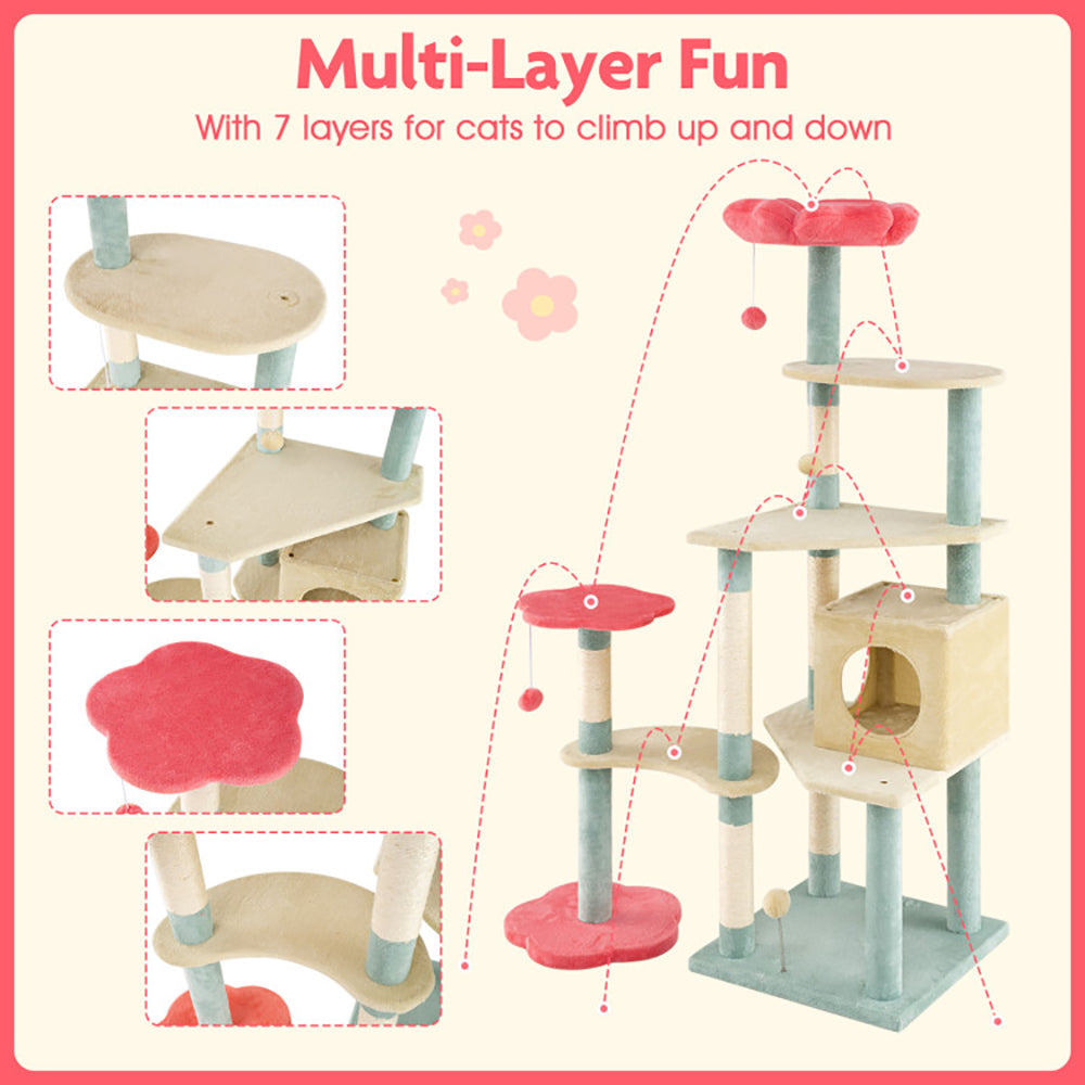 61" Luxury Cat Tree Tower | Multi-Level Flower Design, Plush Perches & Sisal Scratching Posts