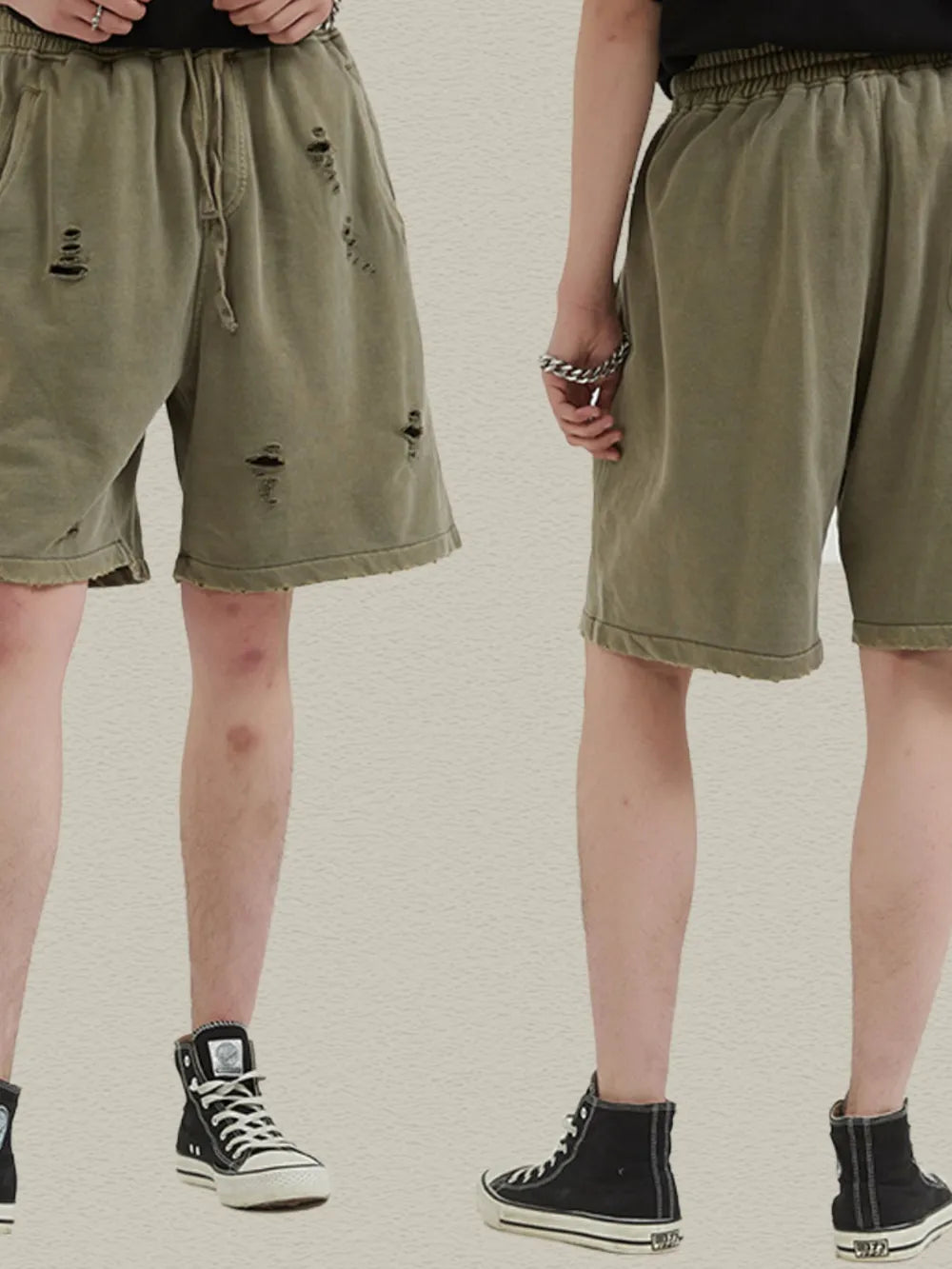 Men's Distressed Drawstring Shorts – Washed 100% Cotton Casual