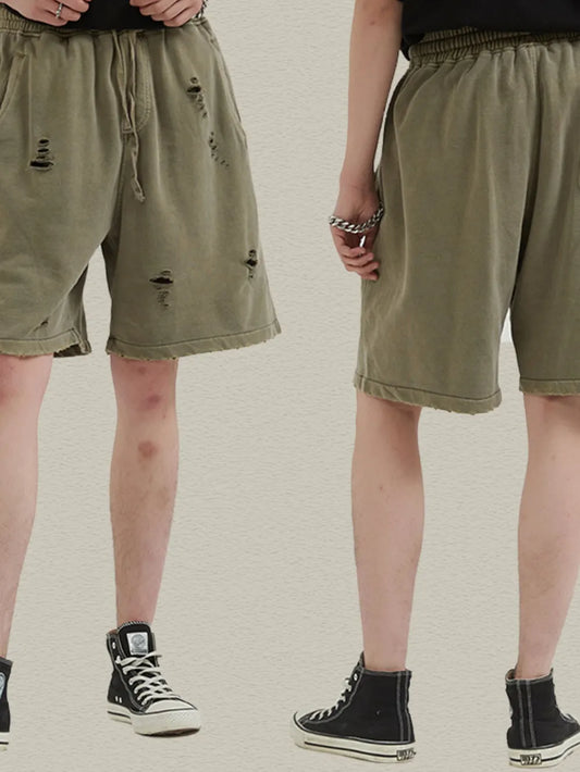 Men's Distressed Drawstring Shorts – Washed 100% Cotton Casual