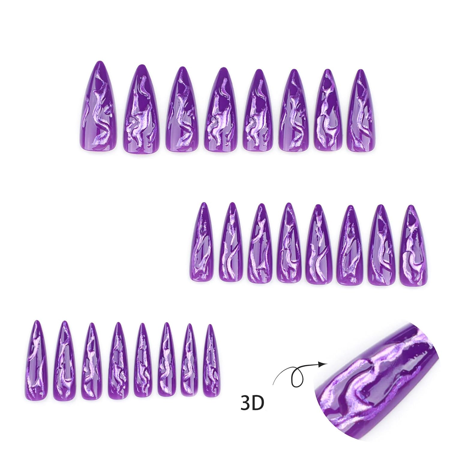 Press On Nails - Purple Glitter Long Stiletto False Nails 24pc with Adhesive