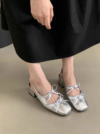 Women's Square Toe Bow-Tie Slingback Ballet Flats | Low Heel PU Leather Shoes