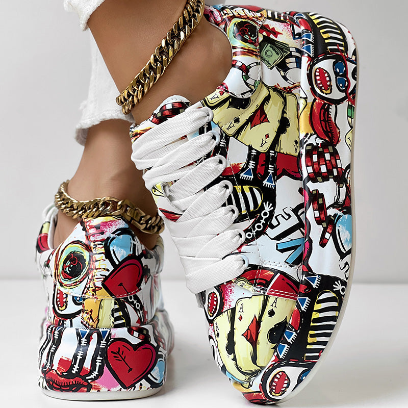 Women's Geometric Print Low-Top Sneakers | Lace-Up Casual Shoes with Thick Rubber Sole