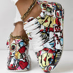 Women's Geometric Print Low-Top Sneakers | Lace-Up Casual Shoes with Thick Rubber Sole
