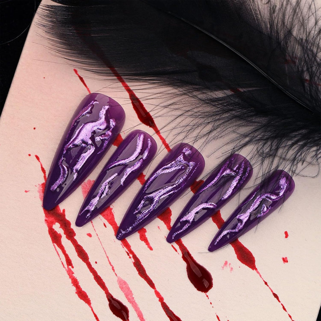 Press On Nails - Purple Glitter Long Stiletto False Nails 24pc with Adhesive