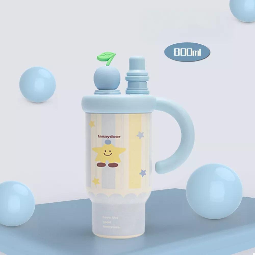 800ml Colorful Cartoon Water Bottle with Straw & Handle | Stainless Steel Insulated Tumbler | 27oz