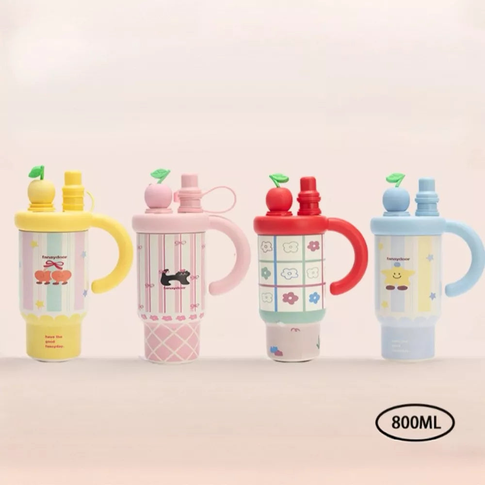 800ml Colorful Cartoon Water Bottle with Straw & Handle | Stainless Steel Insulated Tumbler | 27oz