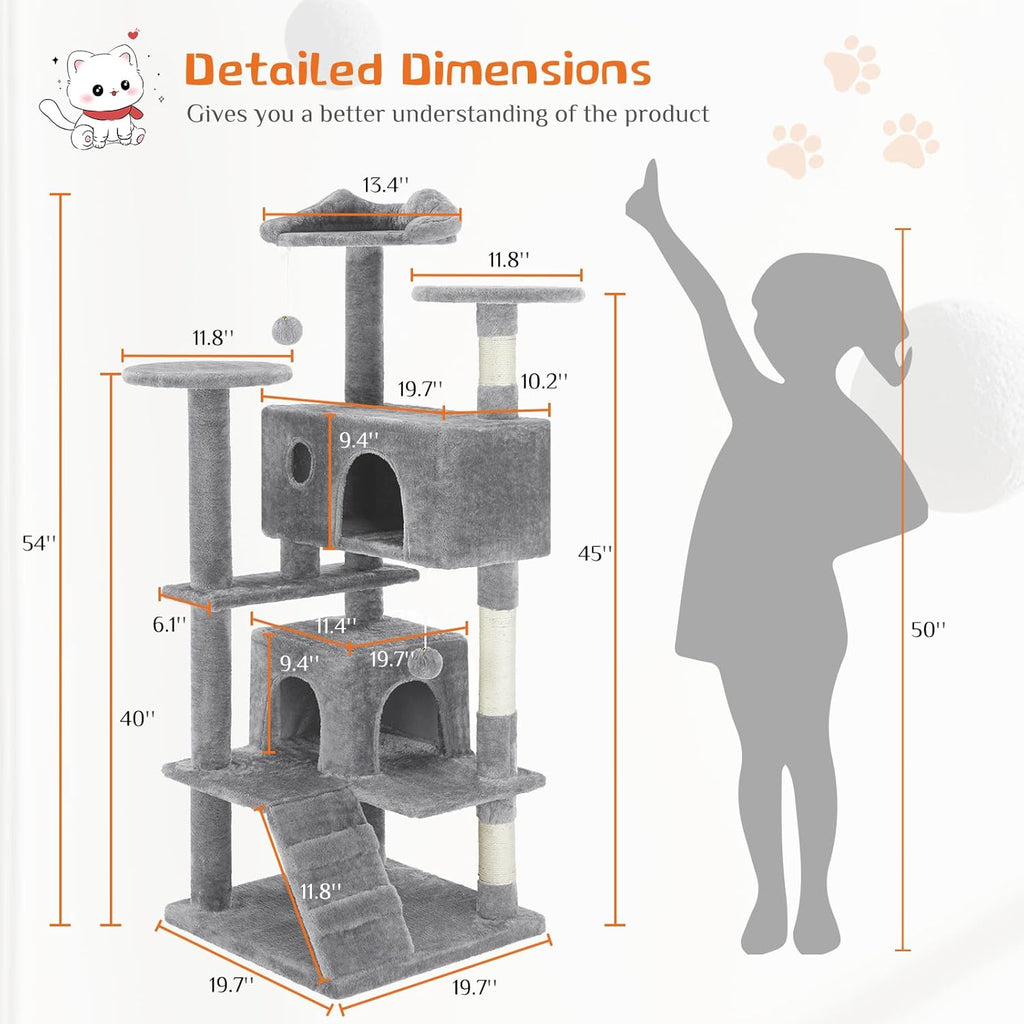 54" Multi-Level Cat Tree Tower | Sisal Scratching Posts, 2 Condos, Hanging Toy – Light Grey & Pink