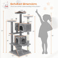 54" Multi-Level Cat Tree Tower | Sisal Scratching Posts, 2 Condos, Hanging Toy – Light Grey & Pink