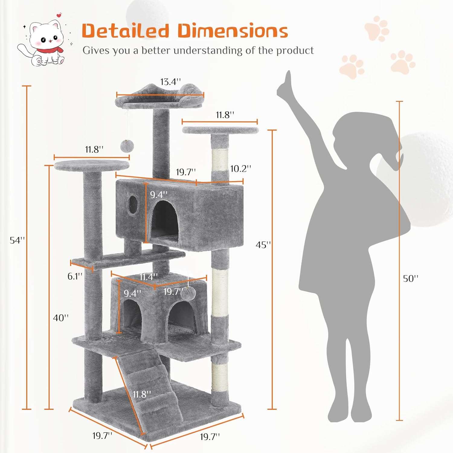 54" Multi-Level Cat Tree Tower | Sisal Scratching Posts, 2 Condos, Hanging Toy – Light Grey & Pink