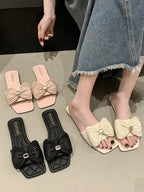 Women's Bow-Knot Flat Sandals – Feminine PU Leather Slip-On