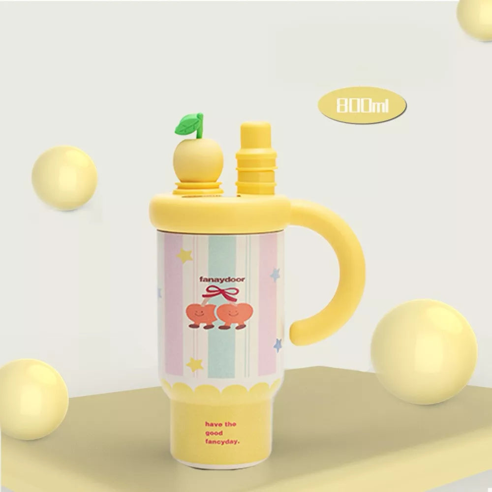 800ml Colorful Cartoon Water Bottle with Straw & Handle | Stainless Steel Insulated Tumbler | 27oz