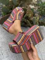 Women's Striped Platform Wedge Sandals – High Heel Canvas & PU