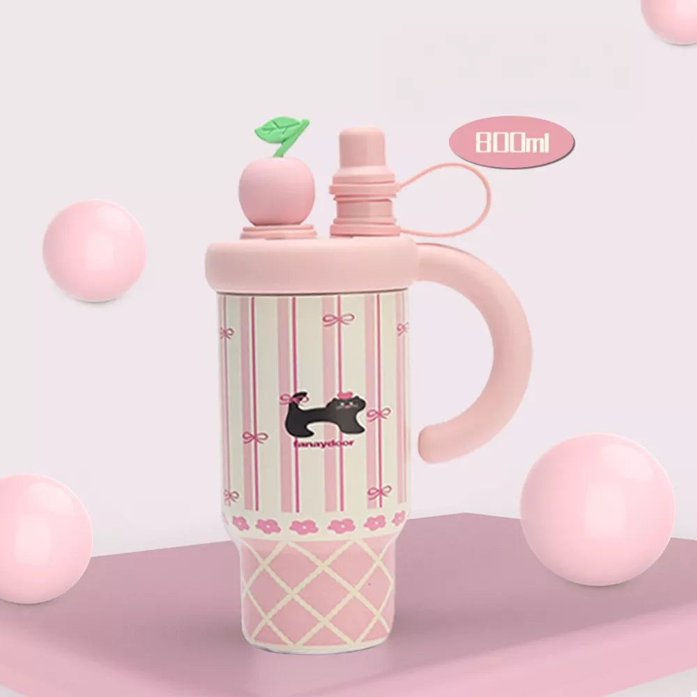 800ml Colorful Cartoon Water Bottle with Straw & Handle | Stainless Steel Insulated Tumbler | 27oz