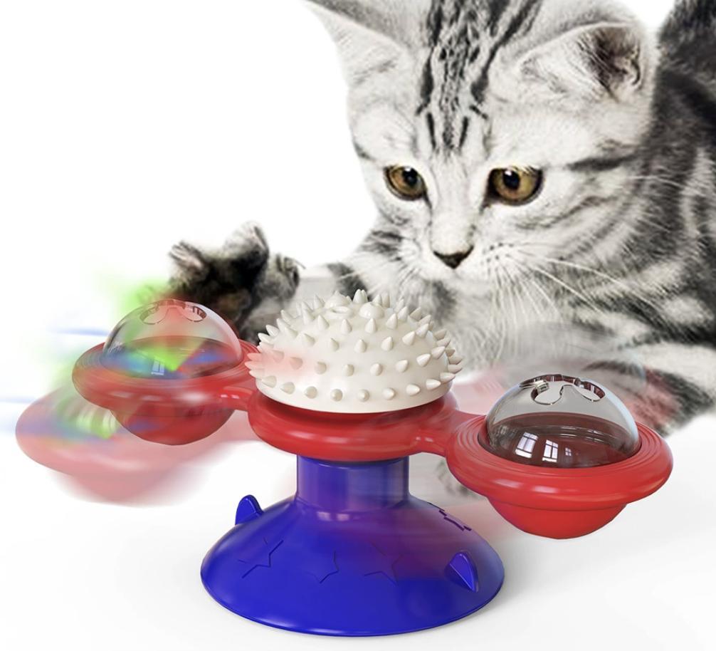 Interactive Windmill Cat Toy – LED Ball, Suction Cup & Catnip for Active Play