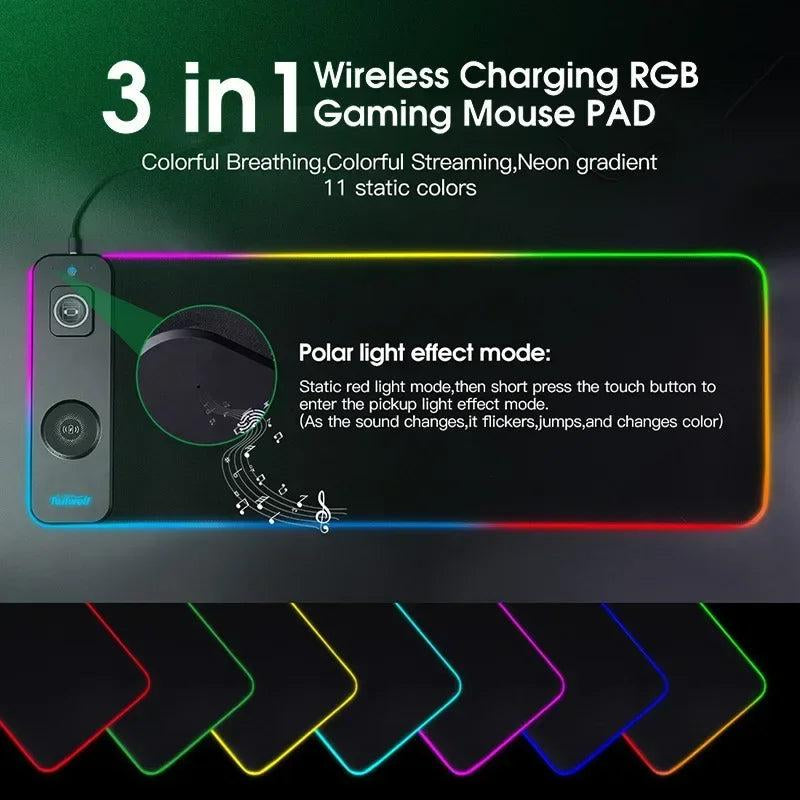 3-In-1 Magnetic Wireless Charging RGB Gaming Mouse Pad Oversized Customized with 11 Static Colors & Polar Light Effect Mode