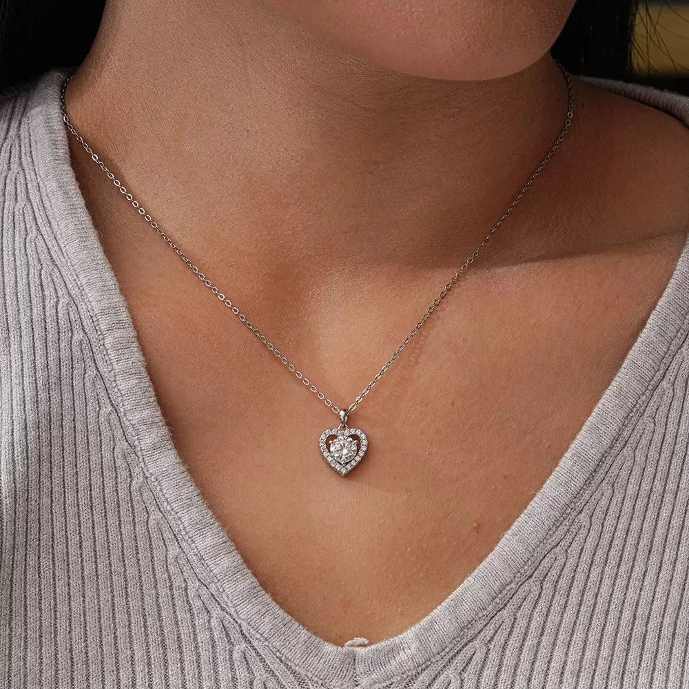 Moissanite Heart Pendant Necklace Set | S925 Sterling Silver & Platinum Plating